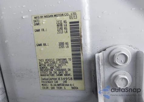 2013 Nissan Maxima 3.5 Sv из США, поврежденный, VIN 1N4AA5APXDC834958